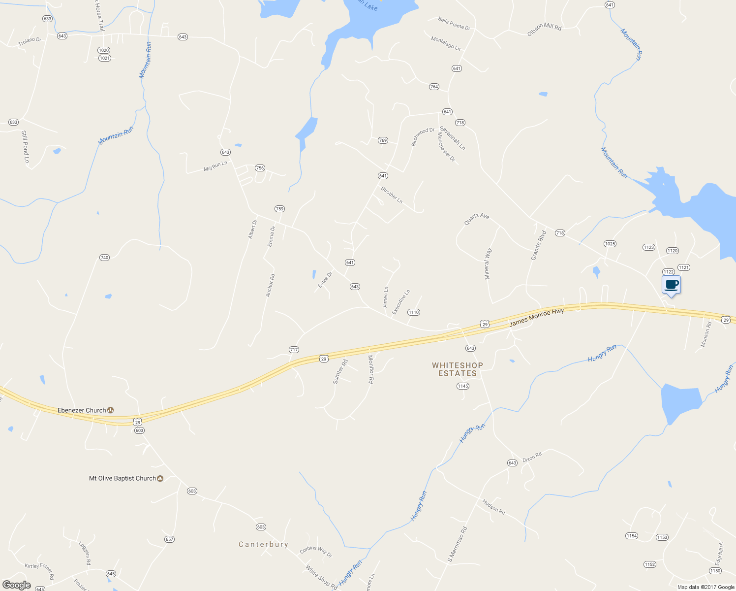 map of restaurants, bars, coffee shops, grocery stores, and more near 17653 North Merrimac Road in Culpeper