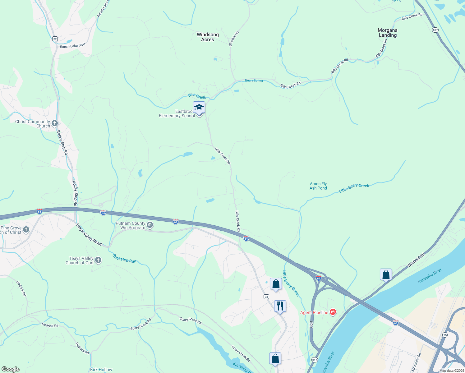 map of restaurants, bars, coffee shops, grocery stores, and more near 2077 Bills Creek Rd in Winfield