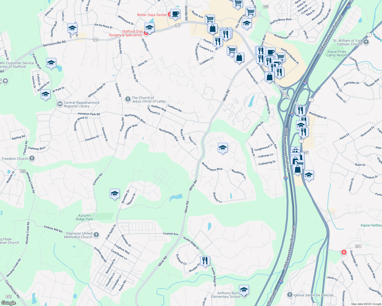 map of restaurants, bars, coffee shops, grocery stores, and more near 77 Northampton Blvd in Stafford