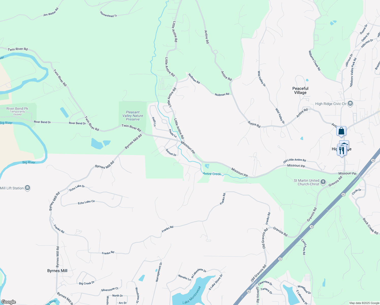 map of restaurants, bars, coffee shops, grocery stores, and more near 6436 Kathy Drive in High Ridge