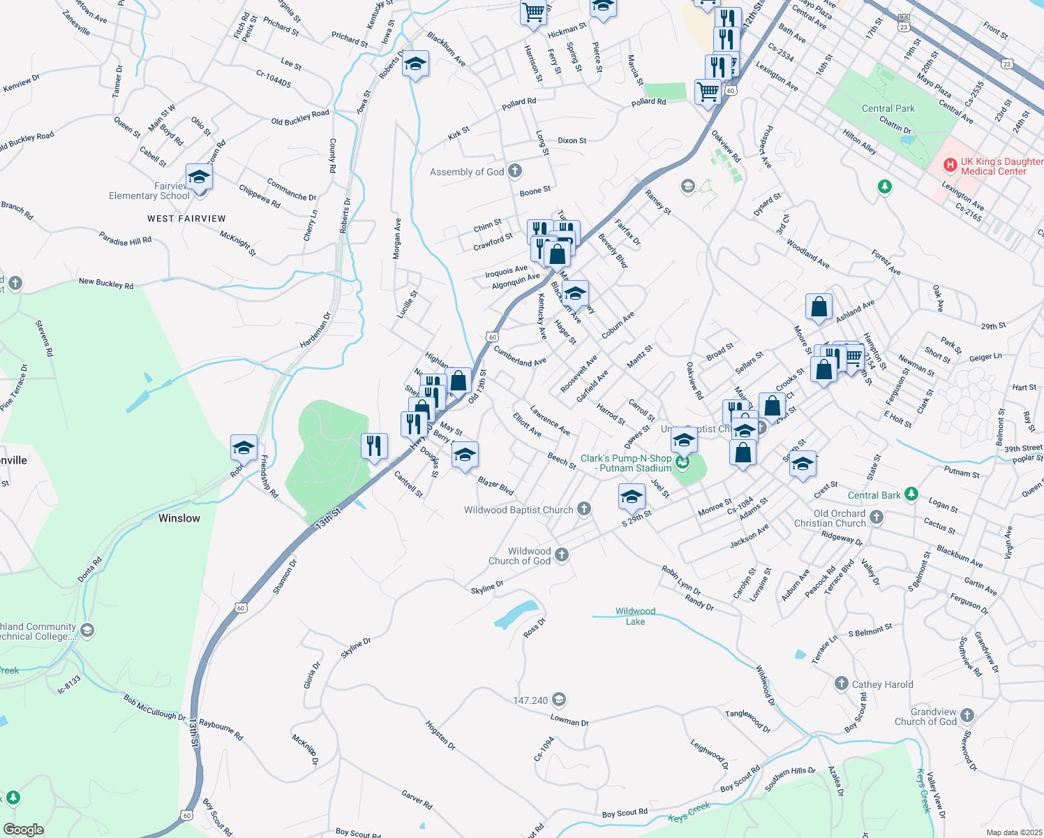 map of restaurants, bars, coffee shops, grocery stores, and more near 1641 Elliott Avenue in Ashland