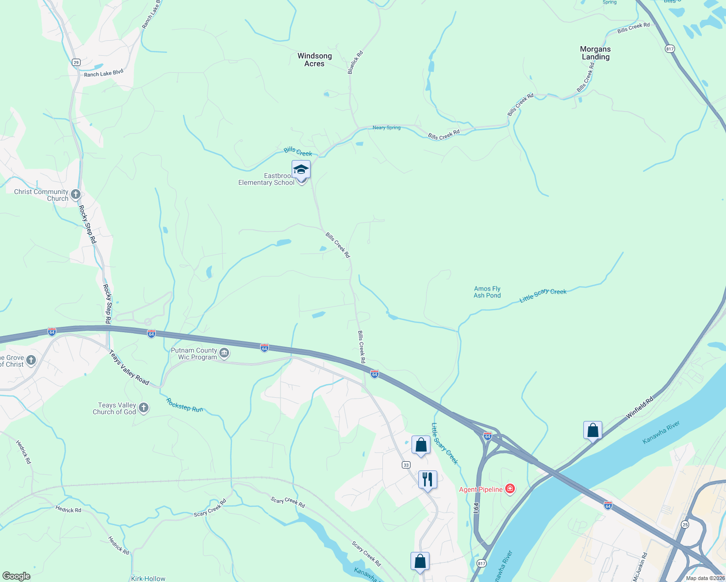 map of restaurants, bars, coffee shops, grocery stores, and more near 2033-2077 Bills Creek Rd in Winfield