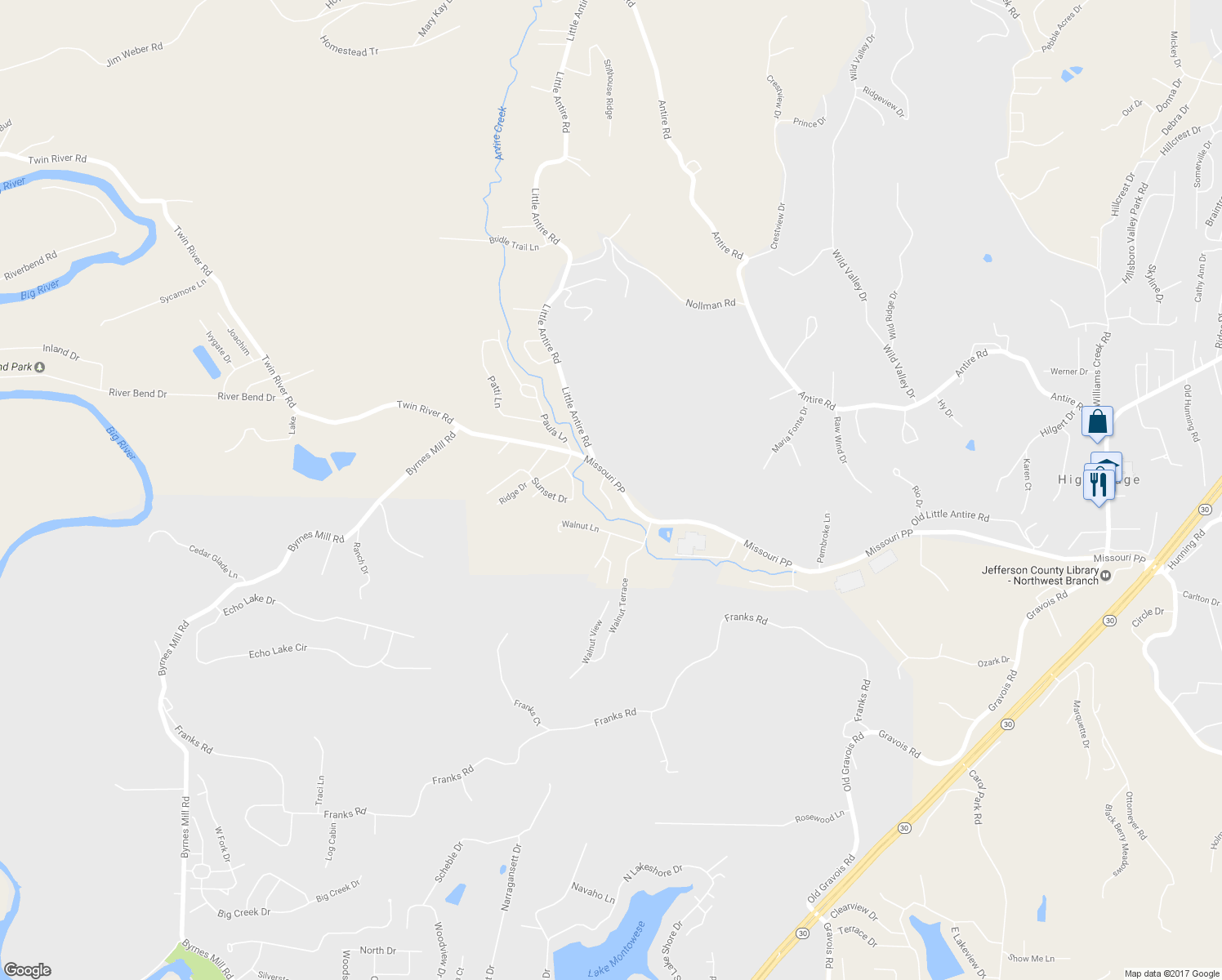 map of restaurants, bars, coffee shops, grocery stores, and more near 6436 Kathy Drive in High Ridge
