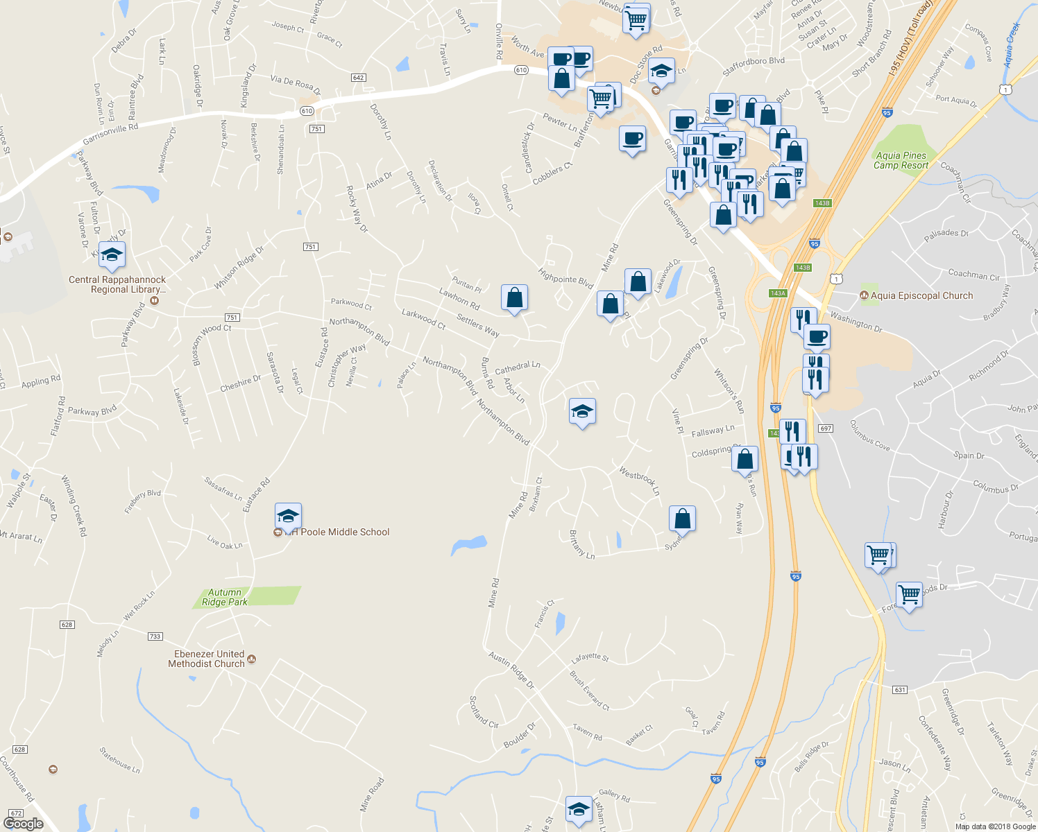 map of restaurants, bars, coffee shops, grocery stores, and more near 4 Old English Way in Stafford