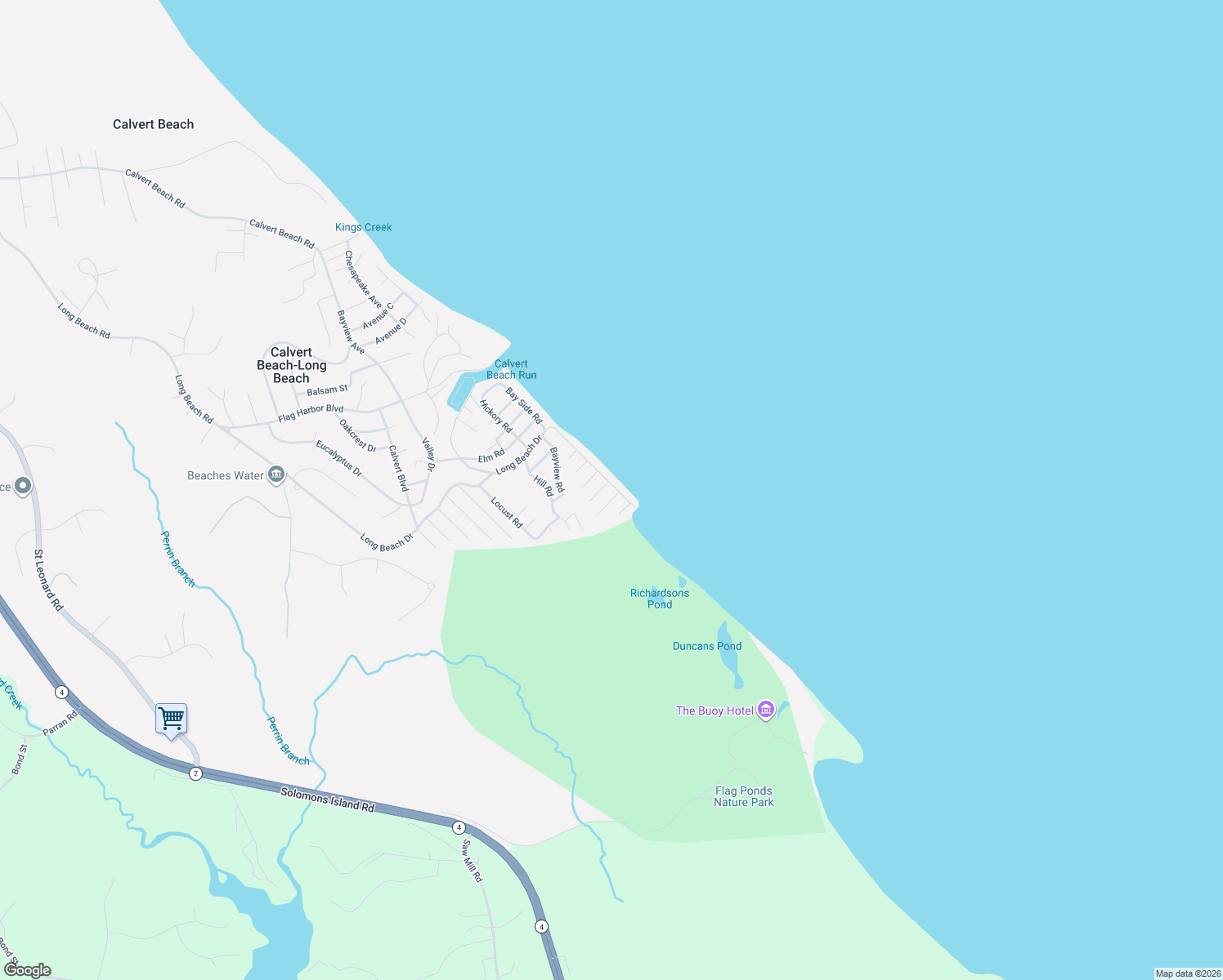 map of restaurants, bars, coffee shops, grocery stores, and more near 6579 Long Beach Dr in Calvert Beach-Long Beach
