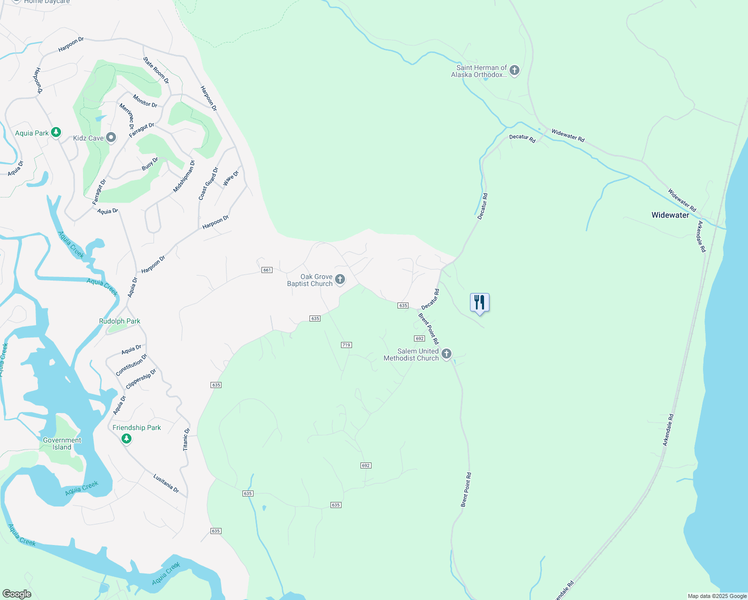 map of restaurants, bars, coffee shops, grocery stores, and more near 361 Decatur Road in Stafford