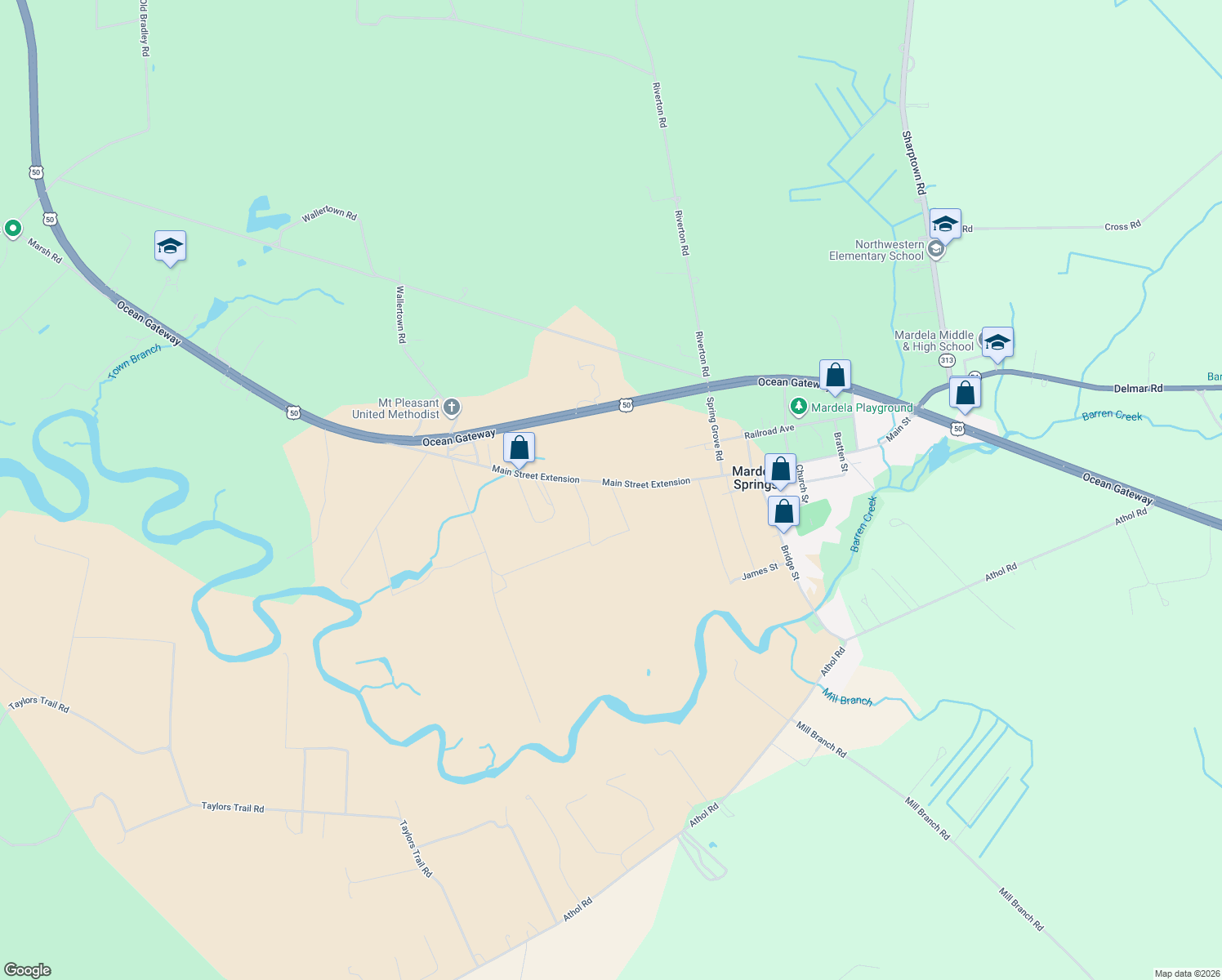 map of restaurants, bars, coffee shops, grocery stores, and more near 24409 Main Street Extension in Mardela Springs