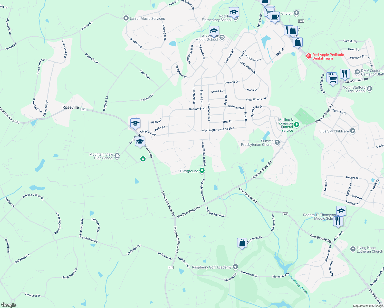 map of restaurants, bars, coffee shops, grocery stores, and more near 6 Longfellow Court in Stafford