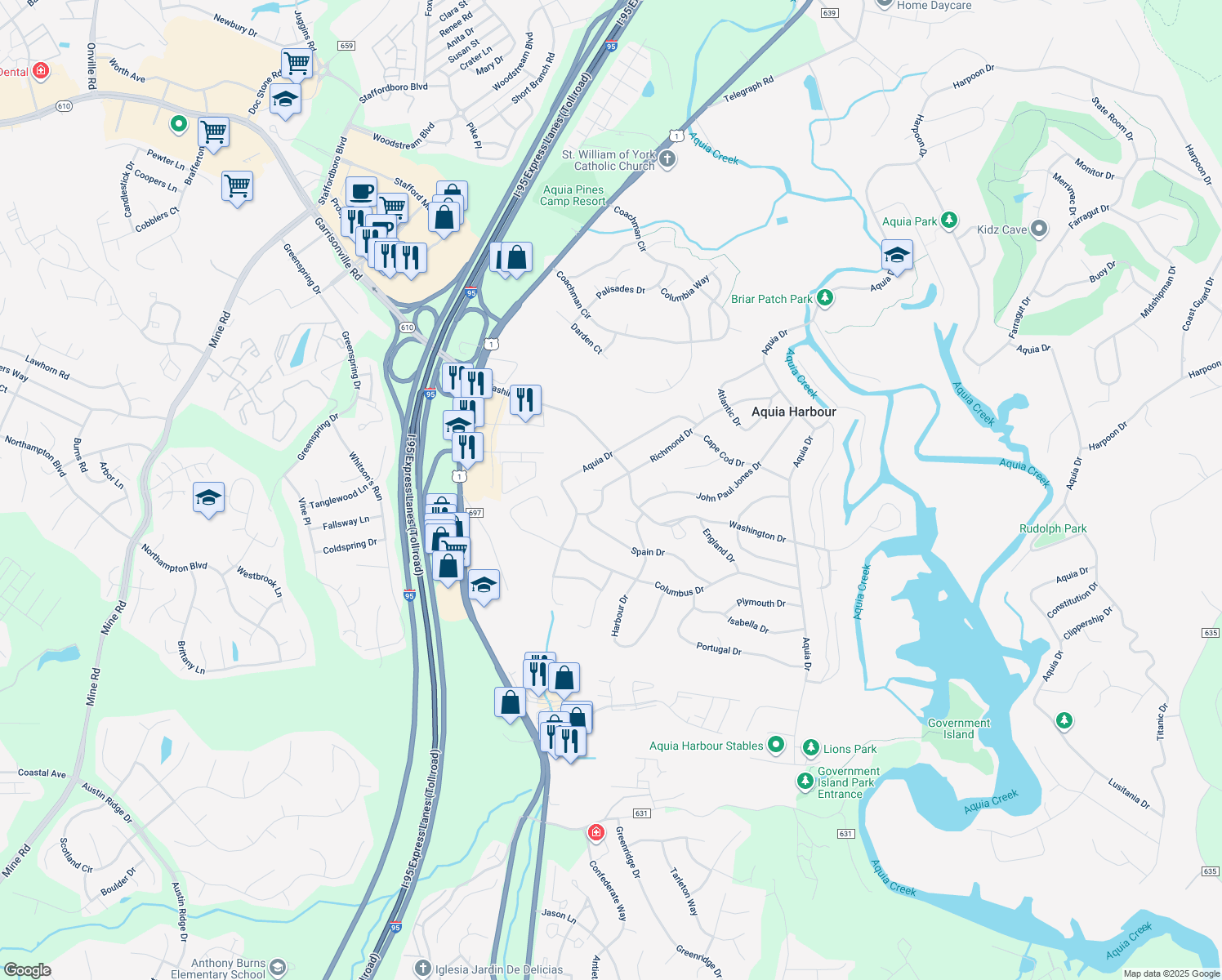 map of restaurants, bars, coffee shops, grocery stores, and more near 1013 Richmond Drive in Stafford