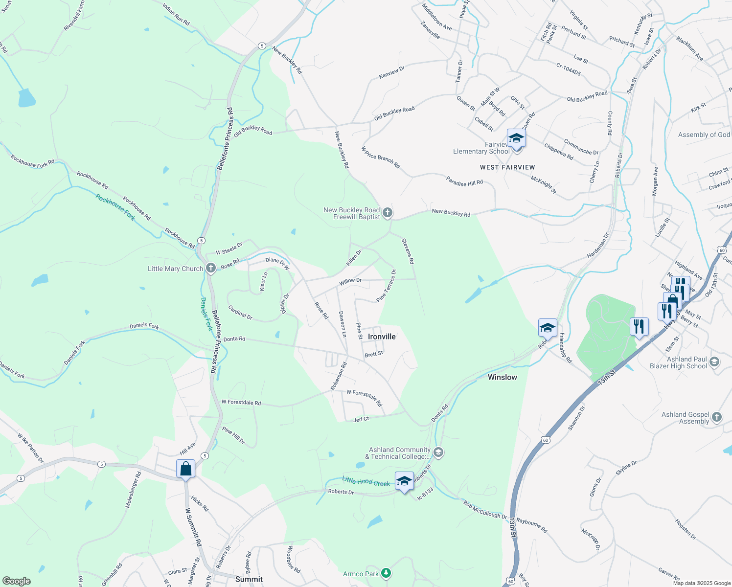 map of restaurants, bars, coffee shops, grocery stores, and more near Comfort Lane in Ashland