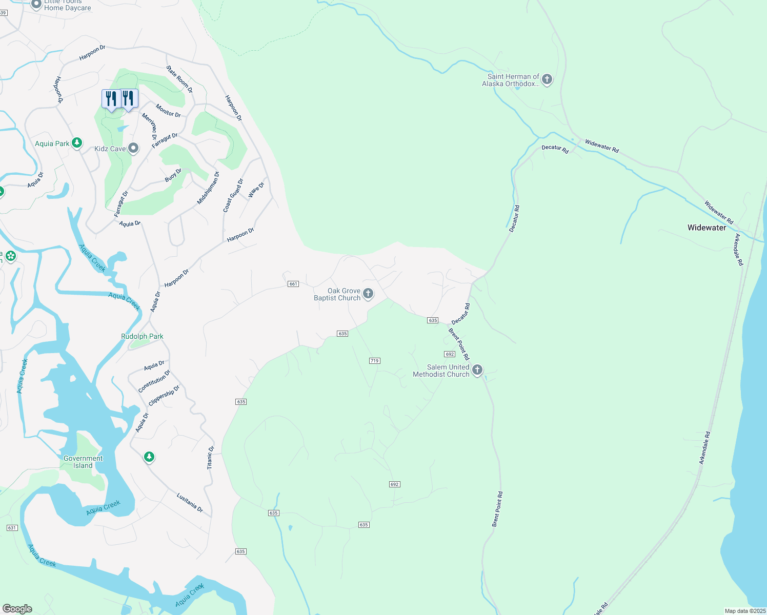 map of restaurants, bars, coffee shops, grocery stores, and more near 403 Decatur Road in Stafford