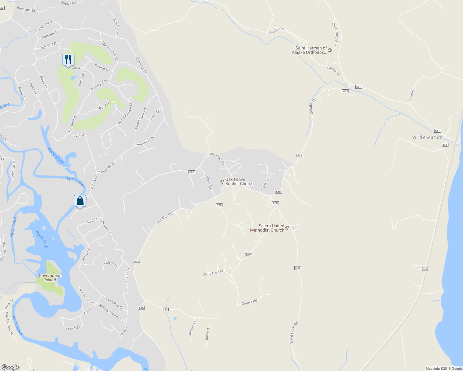 map of restaurants, bars, coffee shops, grocery stores, and more near 403 Decatur Road in Stafford