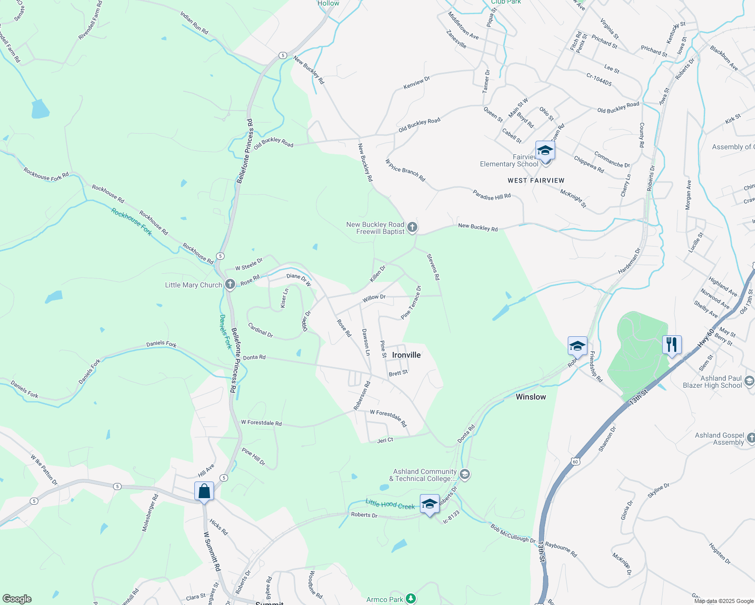 map of restaurants, bars, coffee shops, grocery stores, and more near Comfort Lane in Ironville