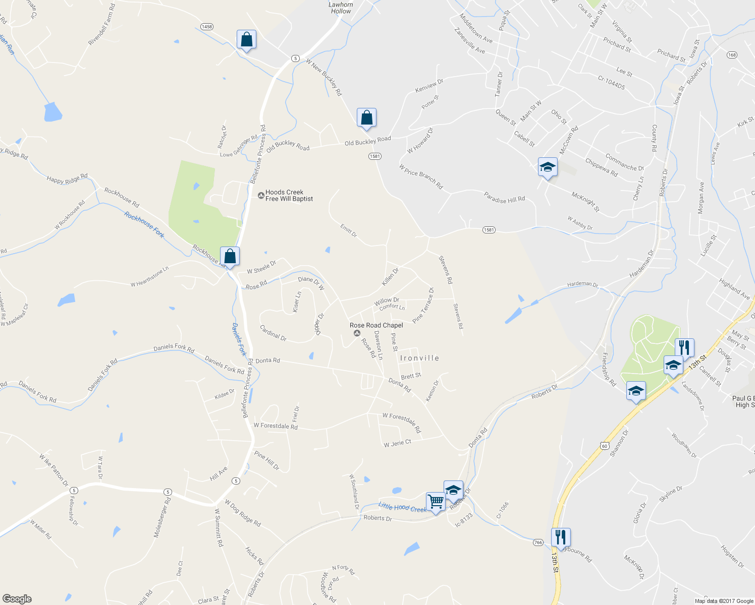 map of restaurants, bars, coffee shops, grocery stores, and more near 4035 Willow Drive in Ashland