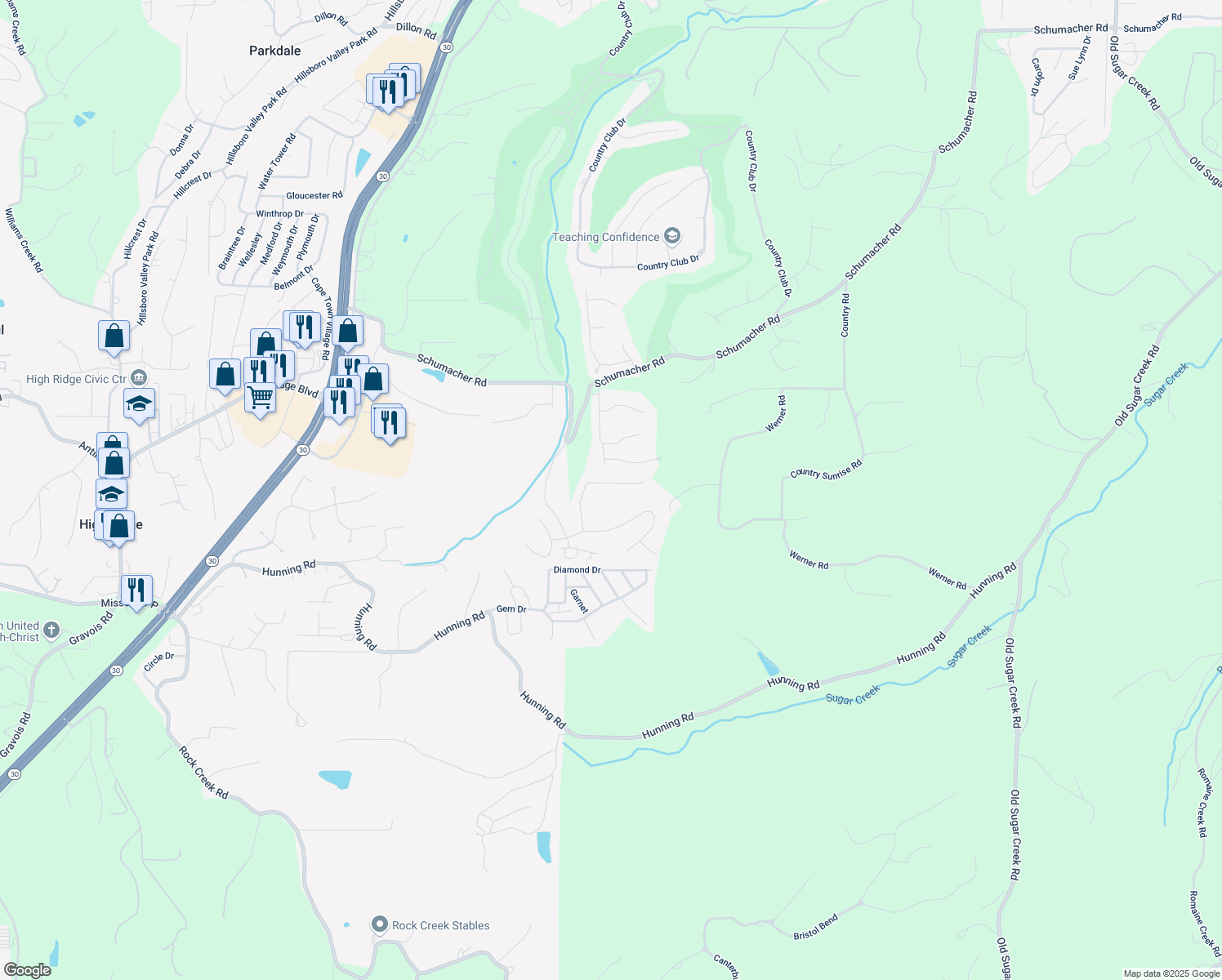 map of restaurants, bars, coffee shops, grocery stores, and more near 5424 Gravois Road in House Springs
