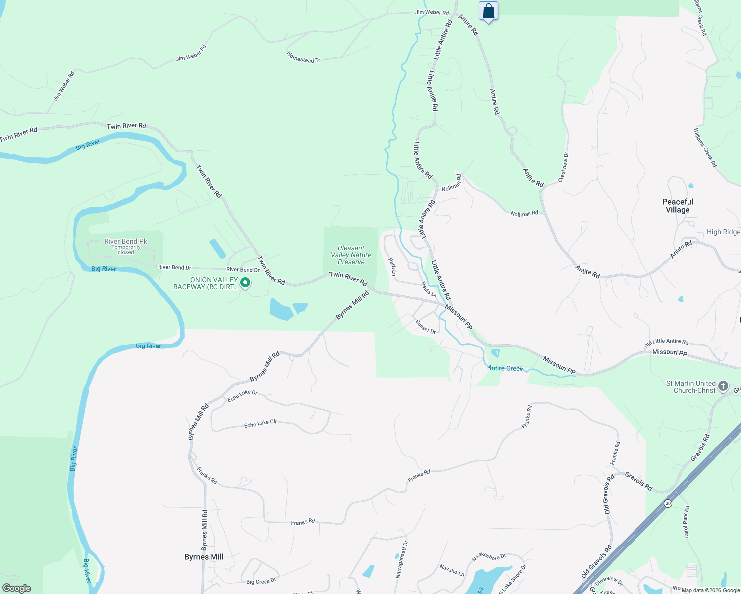 map of restaurants, bars, coffee shops, grocery stores, and more near 3013 Shady Lane in High Ridge