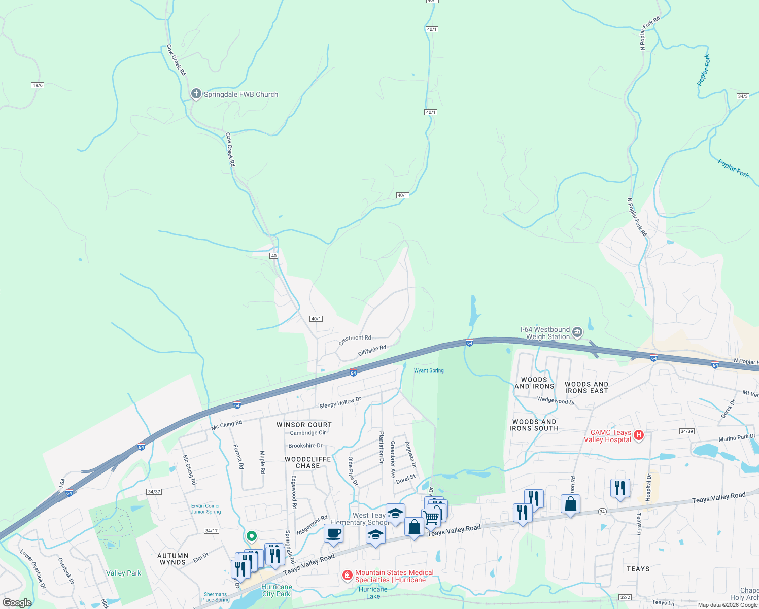 map of restaurants, bars, coffee shops, grocery stores, and more near 1017 Cresmo in Hurricane