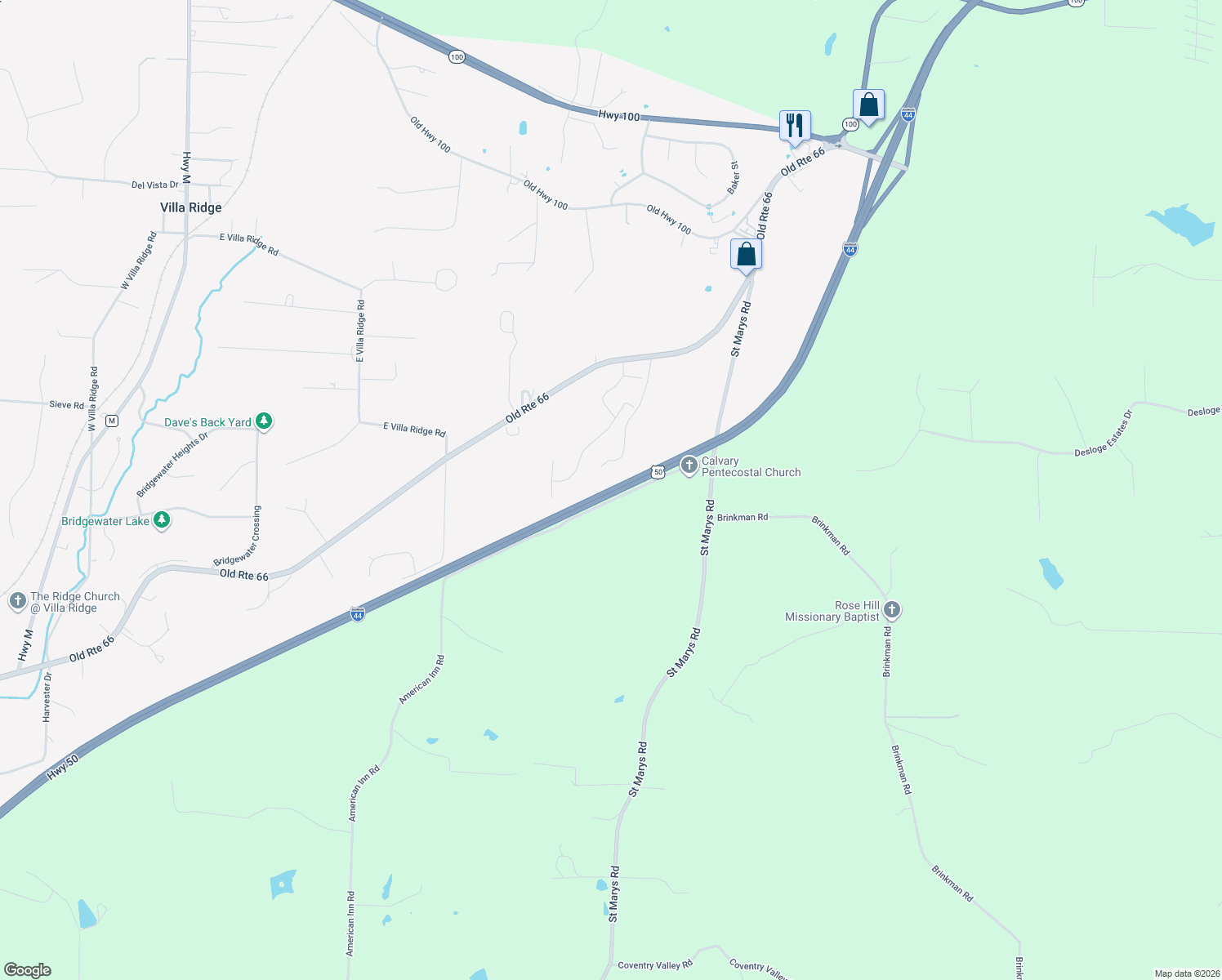 map of restaurants, bars, coffee shops, grocery stores, and more near U.S. 50 in Villa Ridge