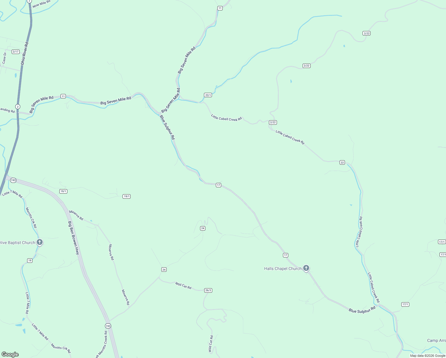 map of restaurants, bars, coffee shops, grocery stores, and more near 6969 Blue Sulphur Road in Ona