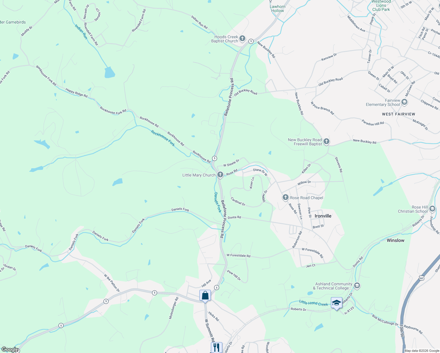 map of restaurants, bars, coffee shops, grocery stores, and more near 4360 Bellefonte Princess Road in Ashland