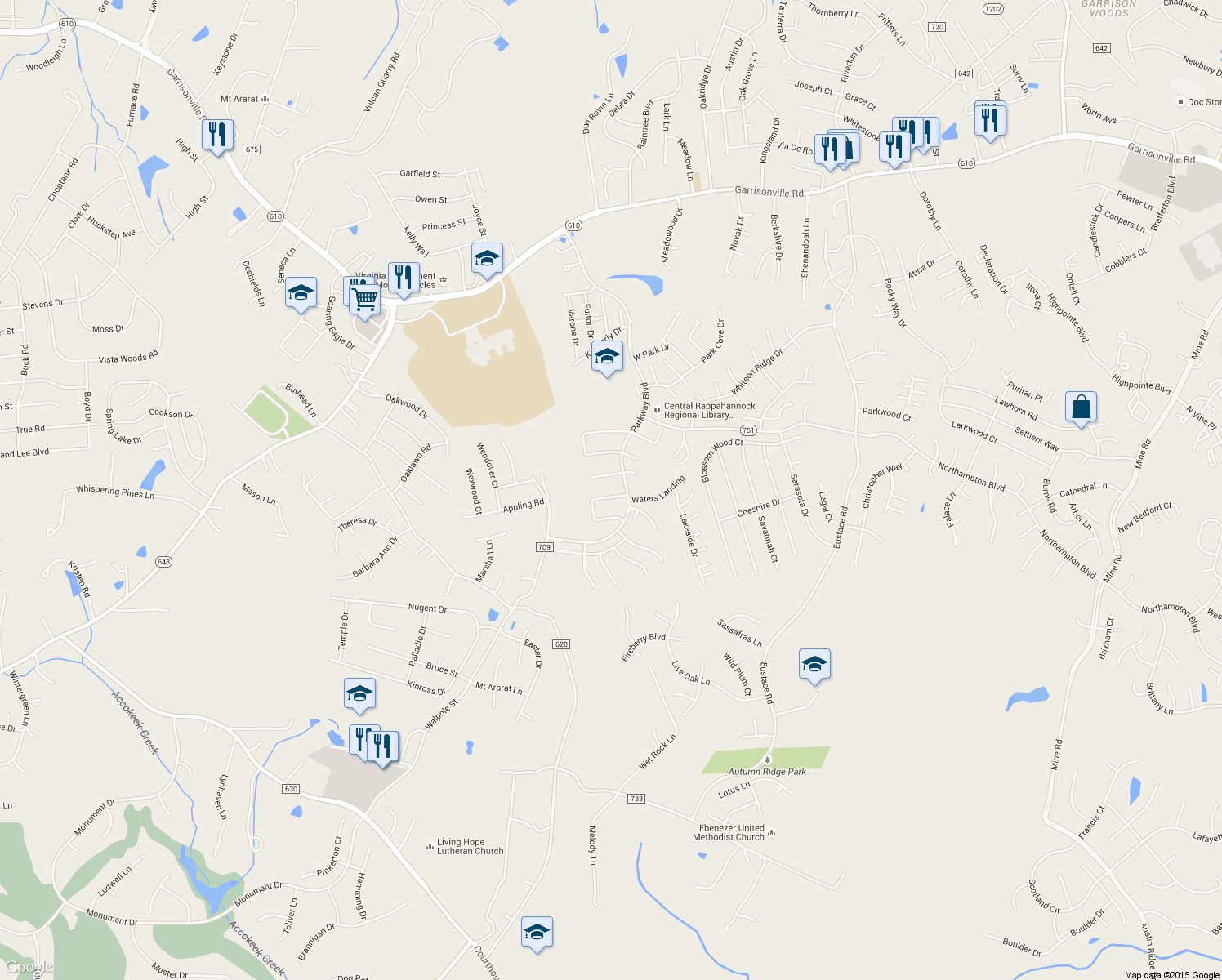 map of restaurants, bars, coffee shops, grocery stores, and more near 8 Catherine Lane in Stafford