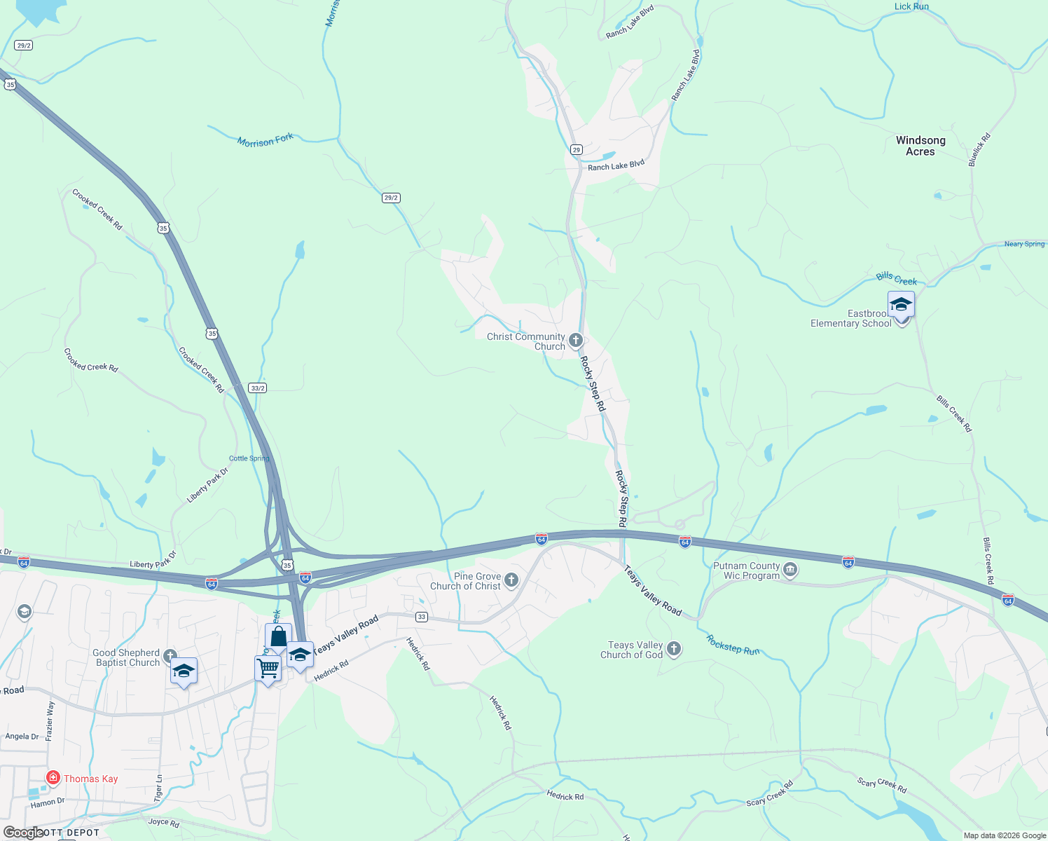 map of restaurants, bars, coffee shops, grocery stores, and more near 357 Country Cove Estates in Putnam County