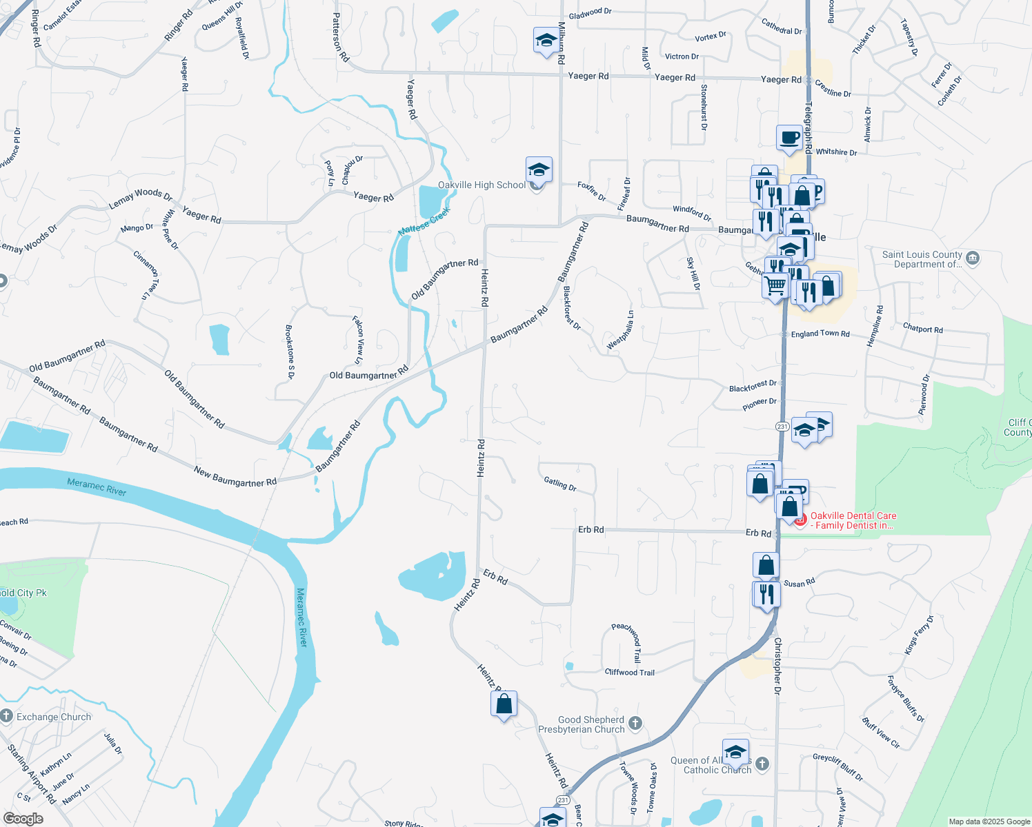 map of restaurants, bars, coffee shops, grocery stores, and more near 5967 Royal Country Drive in St. Louis