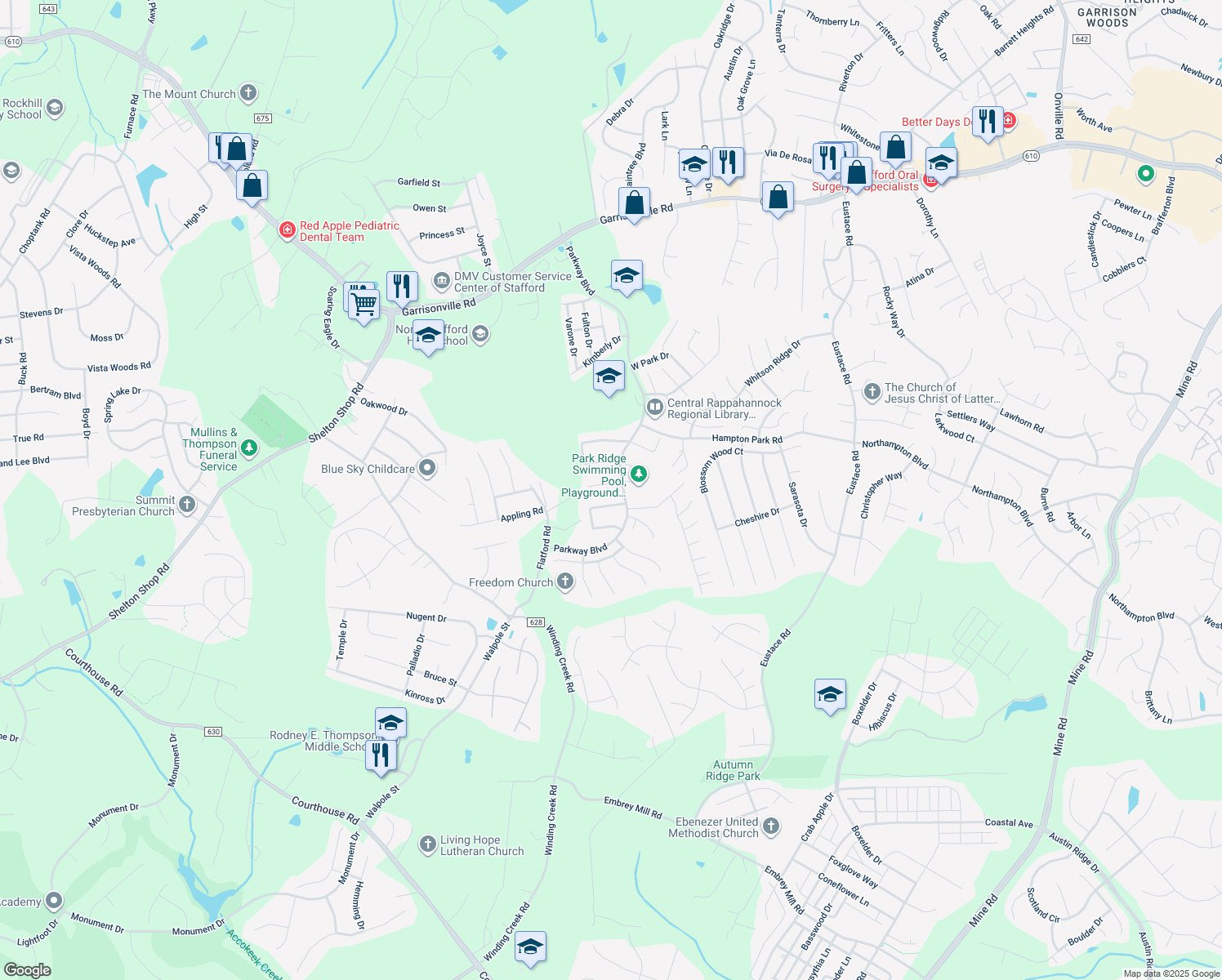 map of restaurants, bars, coffee shops, grocery stores, and more near 5 Sharon Lane in Stafford
