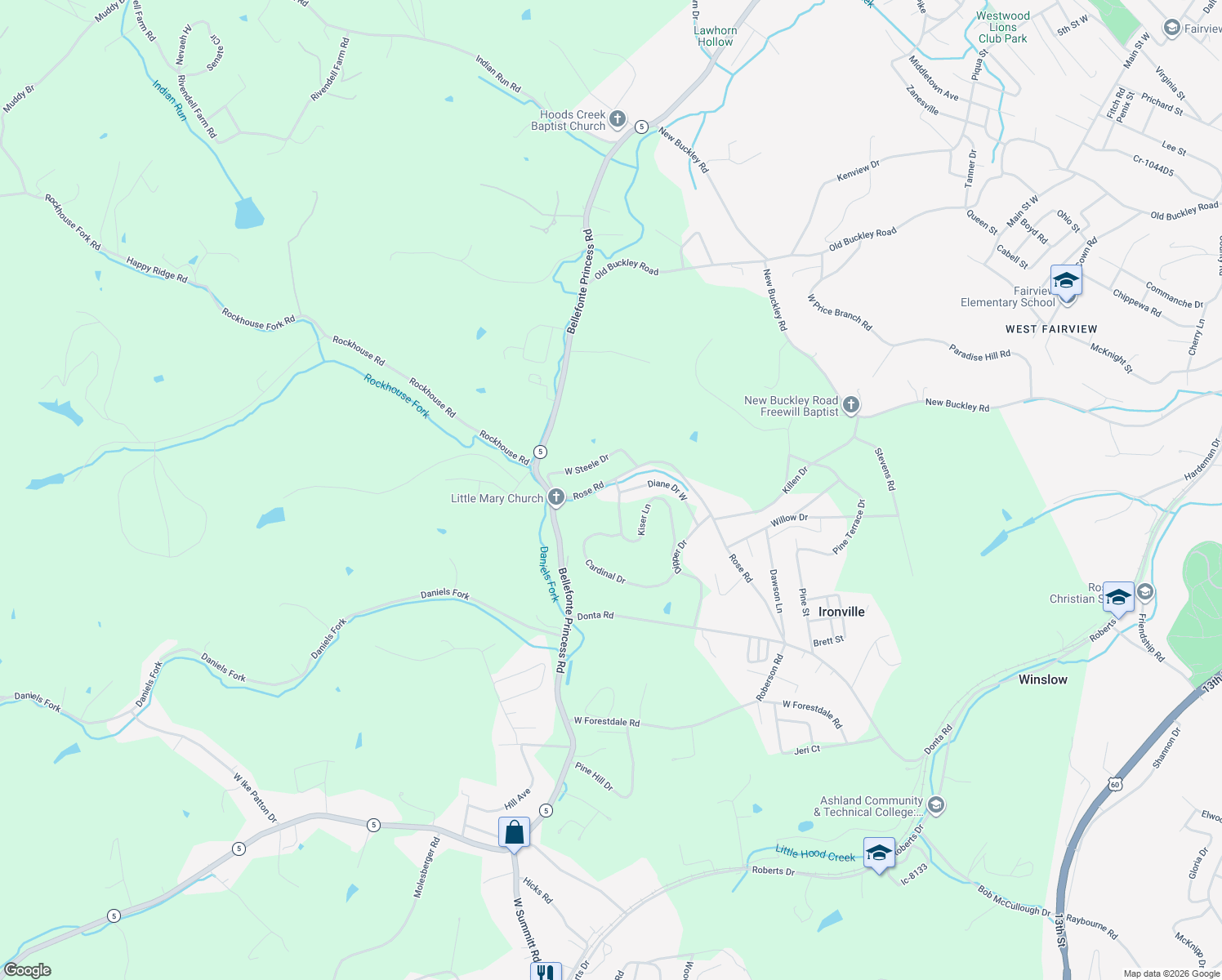 map of restaurants, bars, coffee shops, grocery stores, and more near Kiser Lane in Ashland