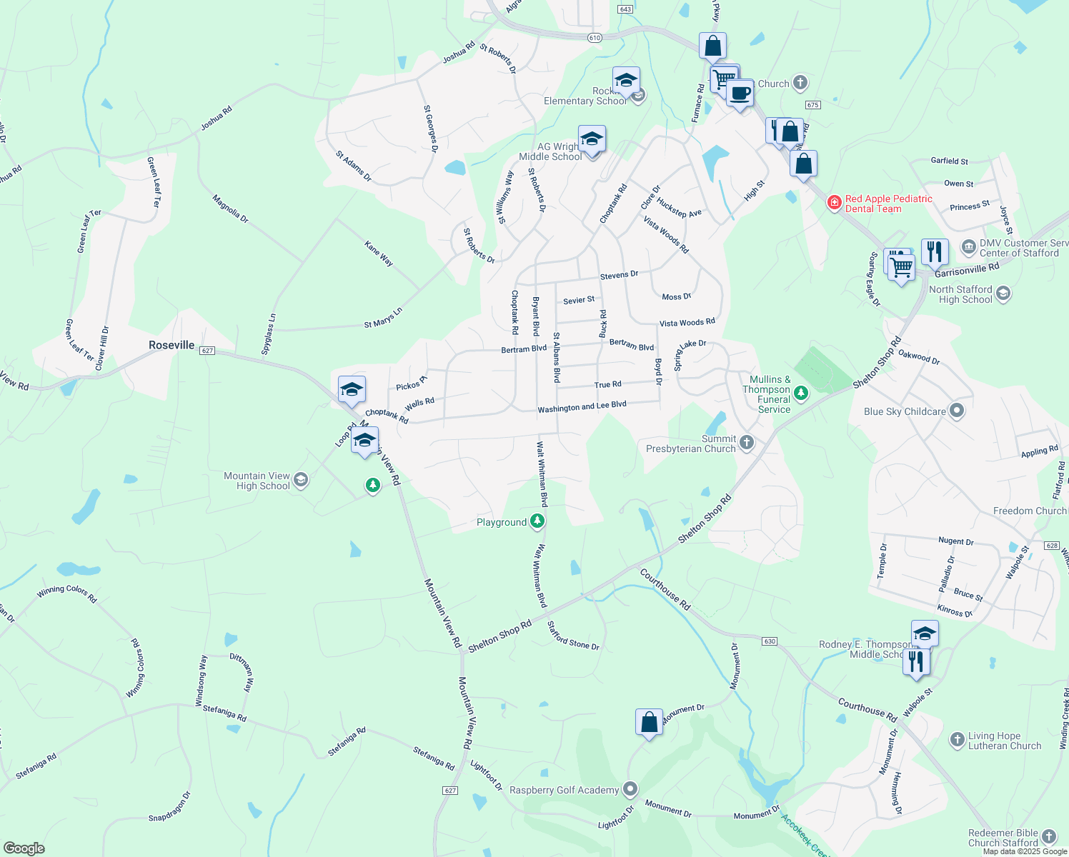 map of restaurants, bars, coffee shops, grocery stores, and more near 8 Montgomery Drive in Stafford