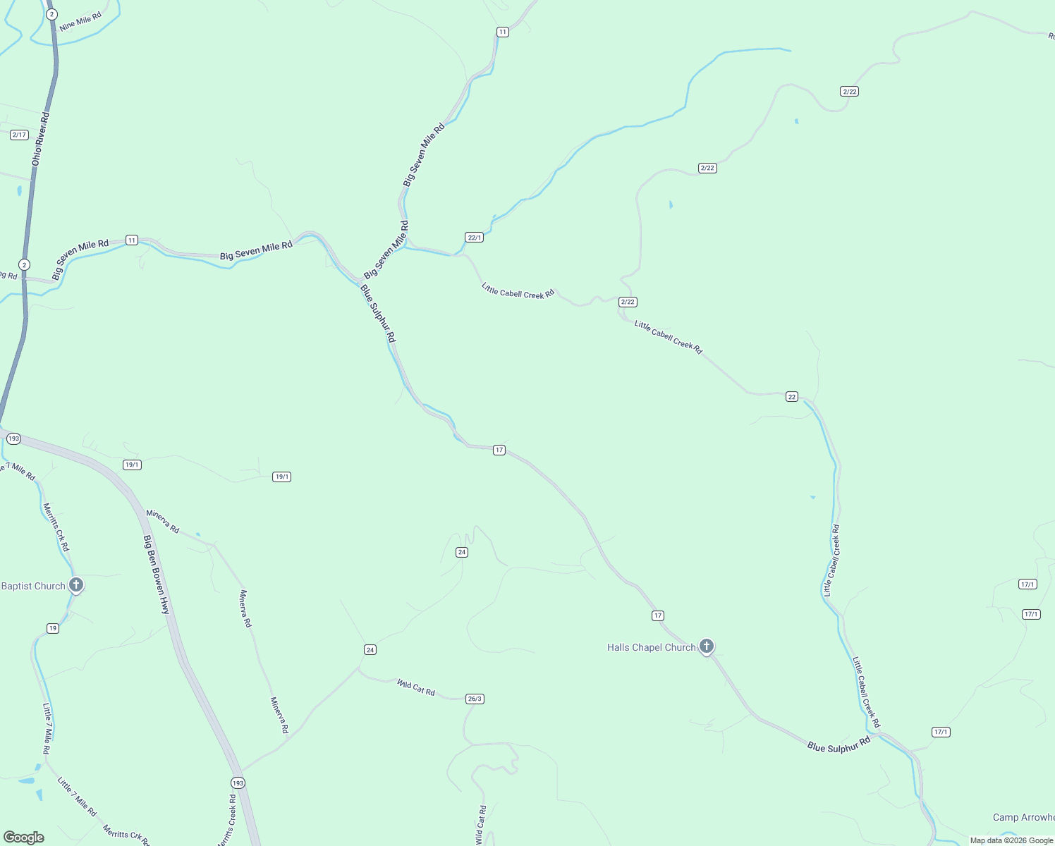 map of restaurants, bars, coffee shops, grocery stores, and more near 6969 Blue Sulphur Road in Ona