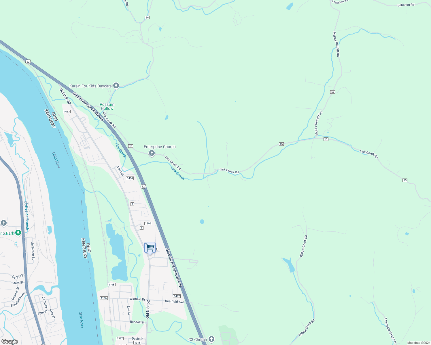map of restaurants, bars, coffee shops, grocery stores, and more near 1225 County Road 15 in South Point