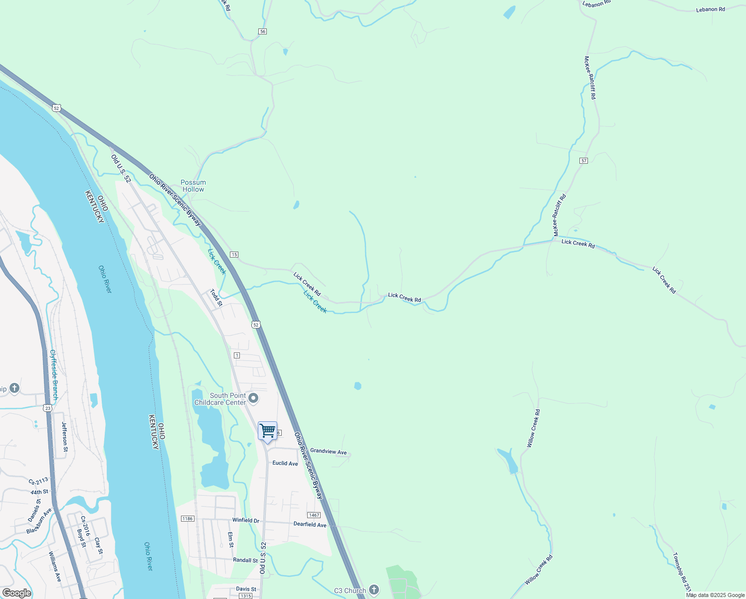 map of restaurants, bars, coffee shops, grocery stores, and more near 1225 County Road 15 in South Point