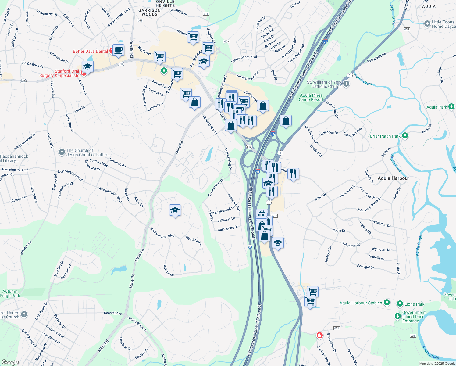 map of restaurants, bars, coffee shops, grocery stores, and more near 708 Stafford Glen Court in Stafford