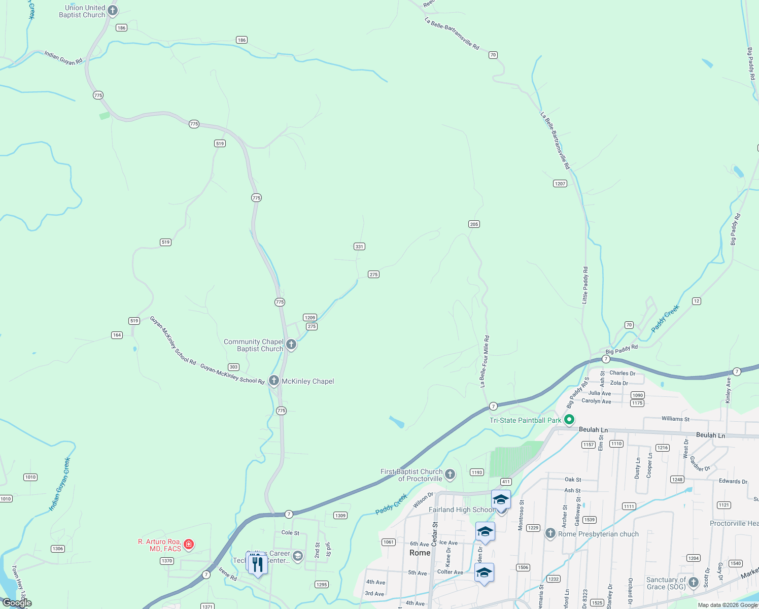 map of restaurants, bars, coffee shops, grocery stores, and more near 598 Township Road 275 in Proctorville