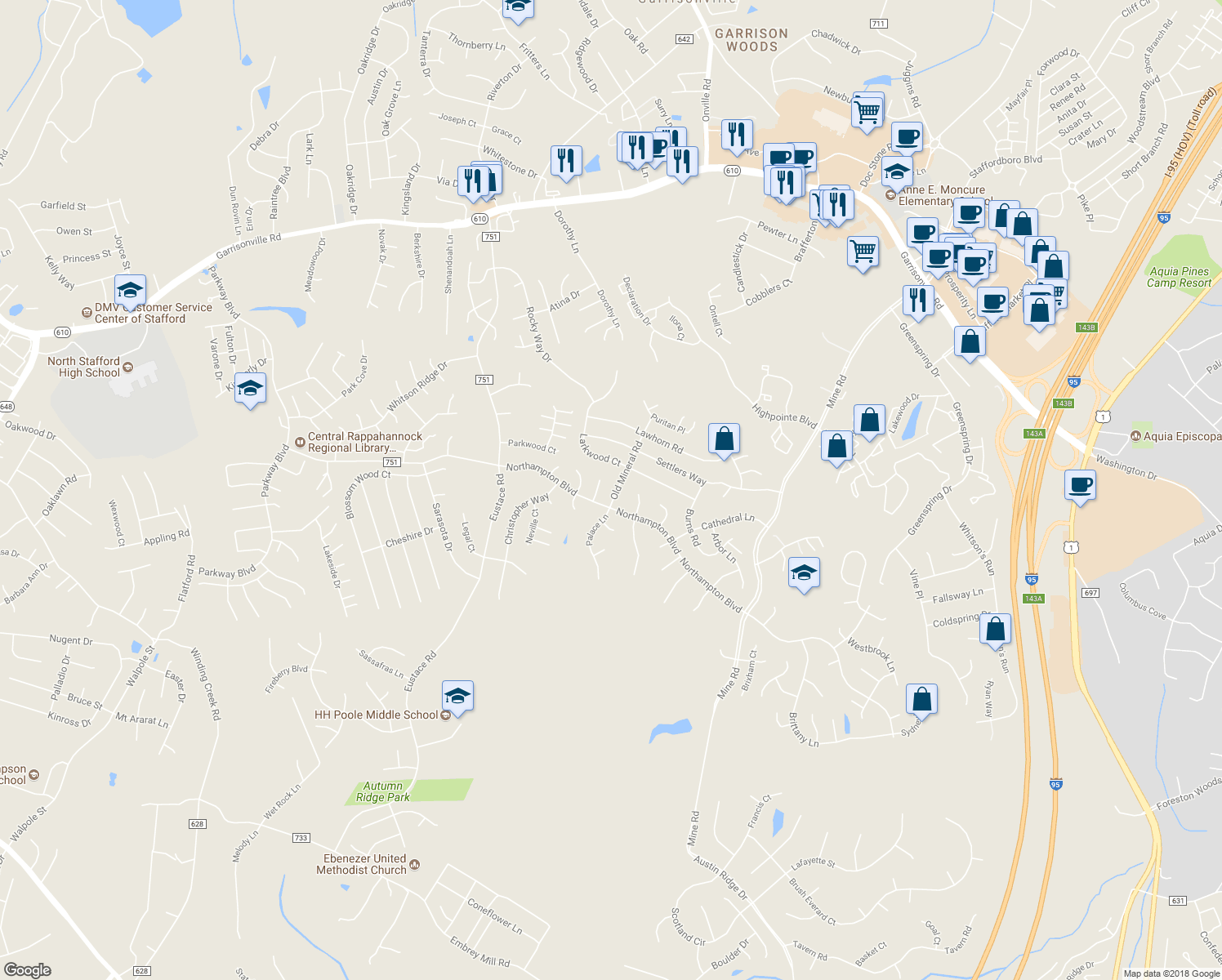 map of restaurants, bars, coffee shops, grocery stores, and more near 5 Old Mineral Road in Stafford