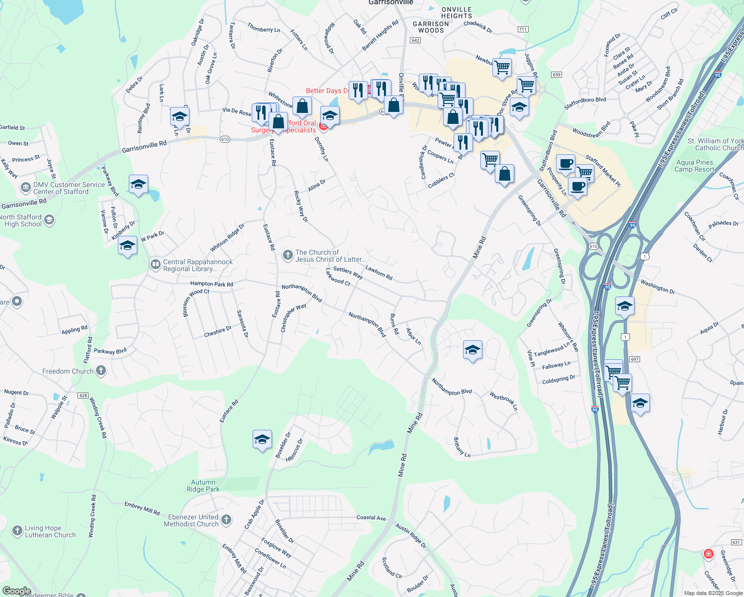 map of restaurants, bars, coffee shops, grocery stores, and more near 11 Larkwood Court in Stafford