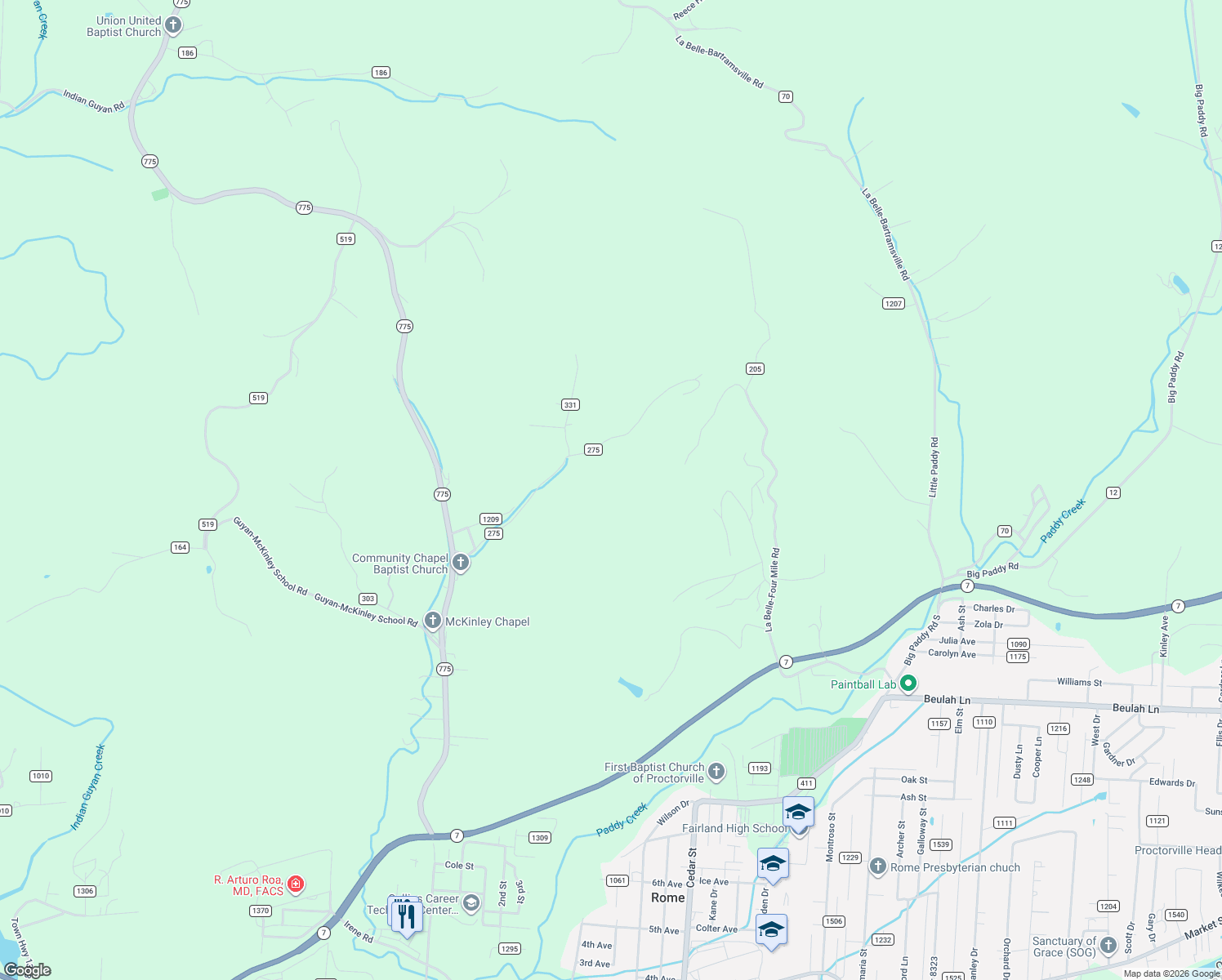 map of restaurants, bars, coffee shops, grocery stores, and more near 598 Township Road 275 in Proctorville