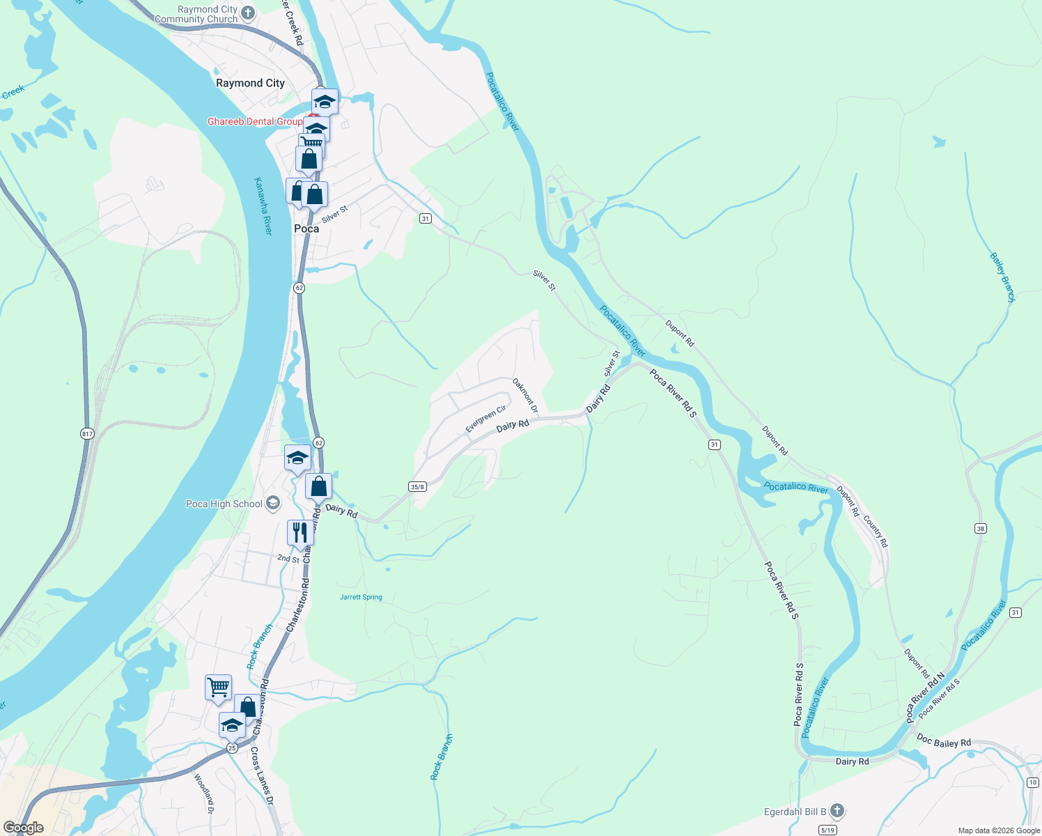 map of restaurants, bars, coffee shops, grocery stores, and more near 111-113 County Route 35/8 in Poca