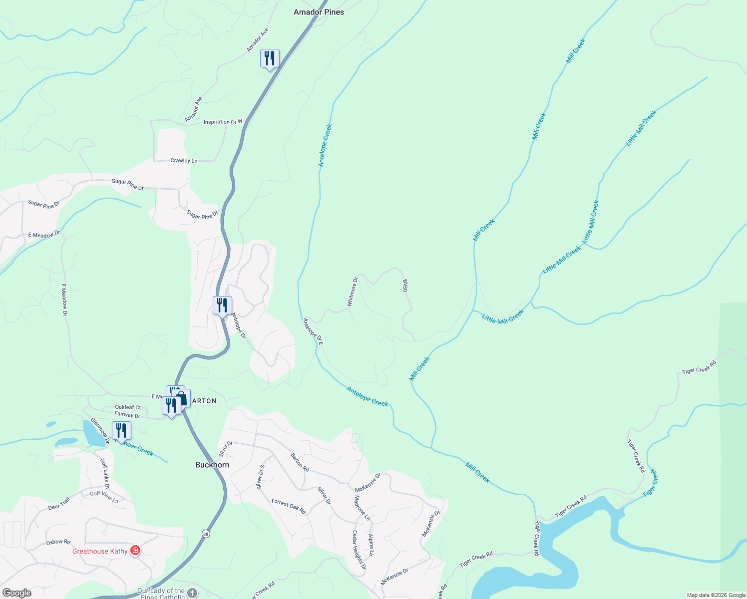 map of restaurants, bars, coffee shops, grocery stores, and more near 27480 Whitmore Drive in Pioneer