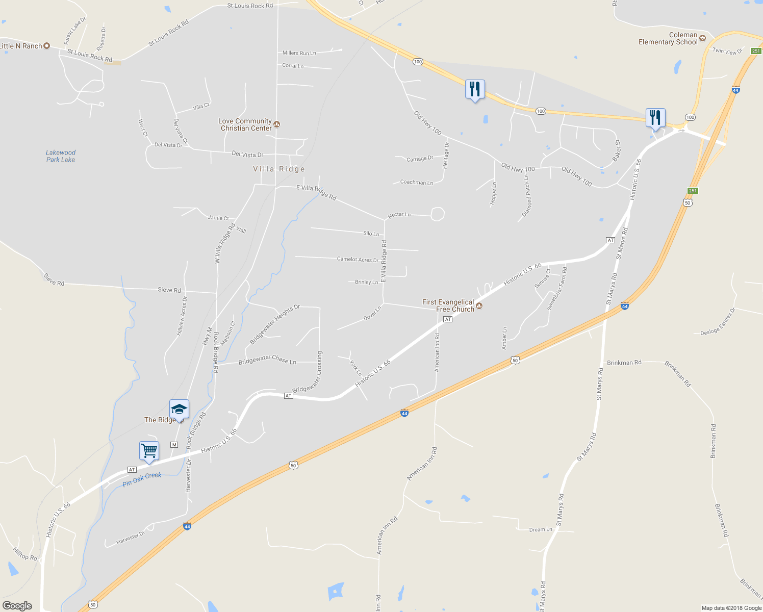 map of restaurants, bars, coffee shops, grocery stores, and more near 8 Dover Lane in Villa Ridge