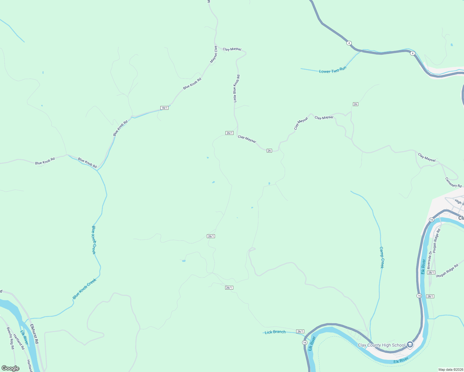 map of restaurants, bars, coffee shops, grocery stores, and more near Little Blue Knob Road in Clay County