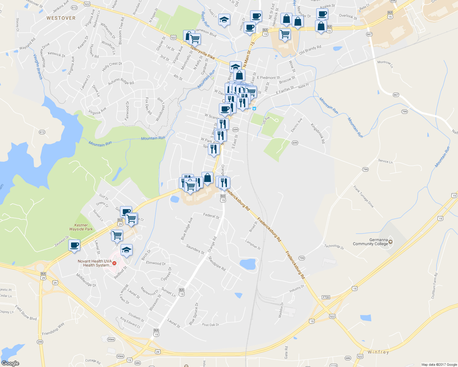 map of restaurants, bars, coffee shops, grocery stores, and more near 1319 Old Fredericksburg Road in Culpeper