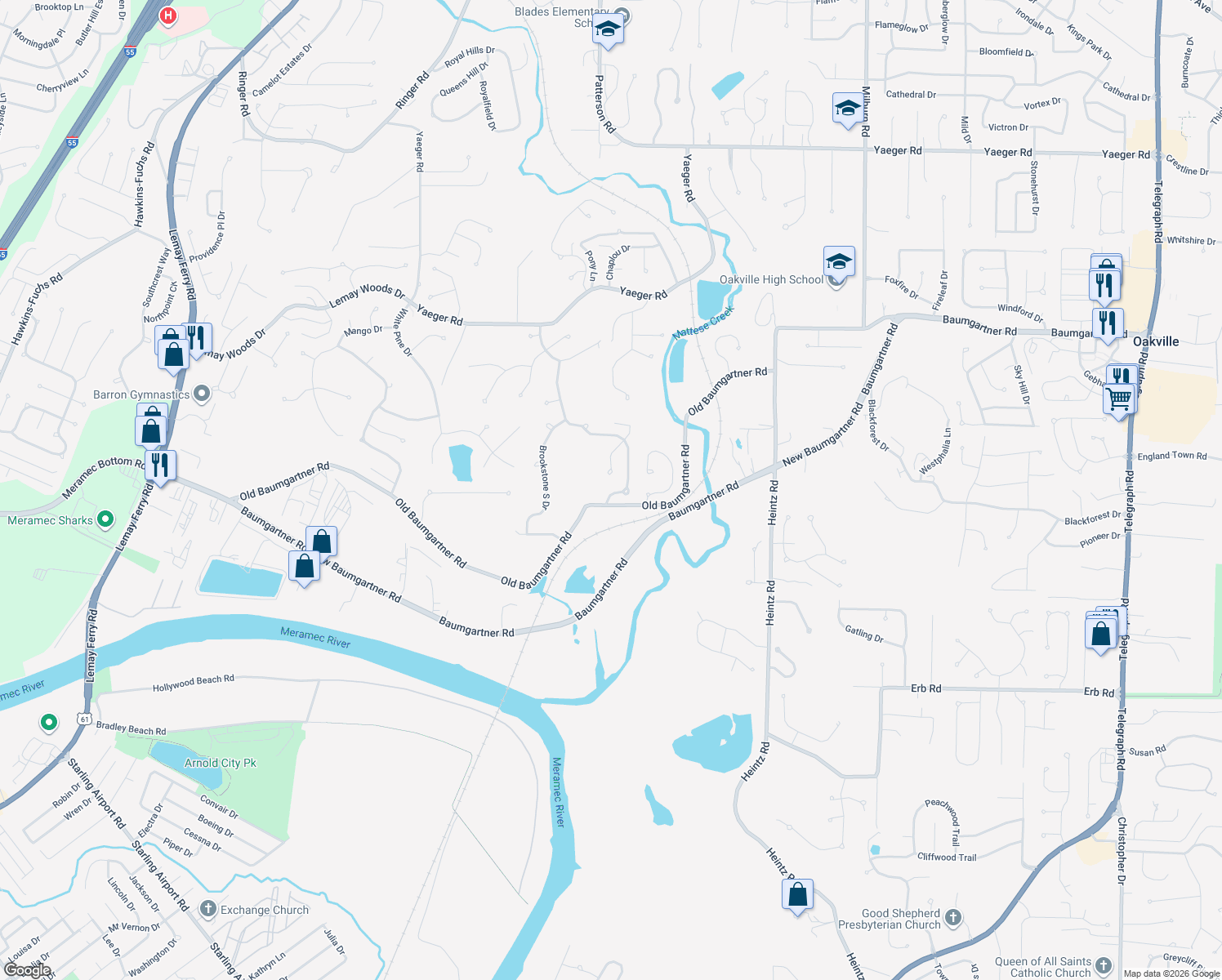 map of restaurants, bars, coffee shops, grocery stores, and more near 5834 Dove Meadow Court in St. Louis