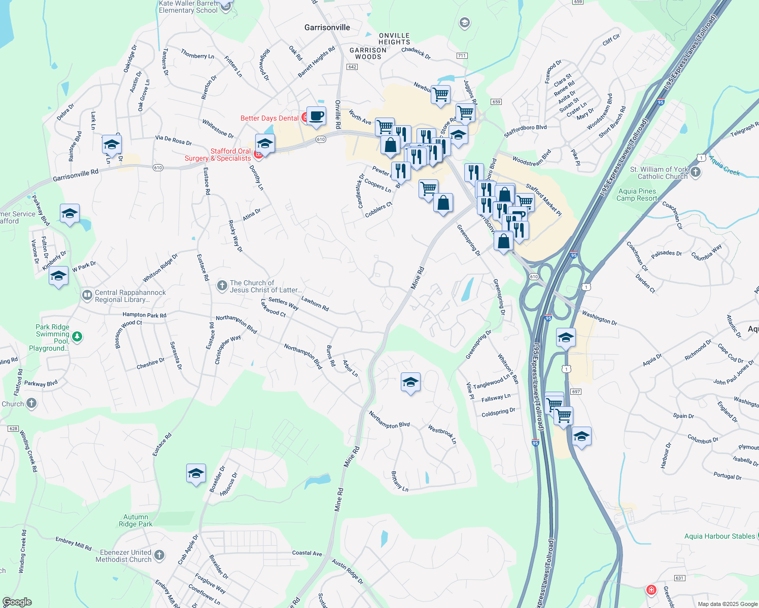 map of restaurants, bars, coffee shops, grocery stores, and more near 705 Knollwood Court in Stafford