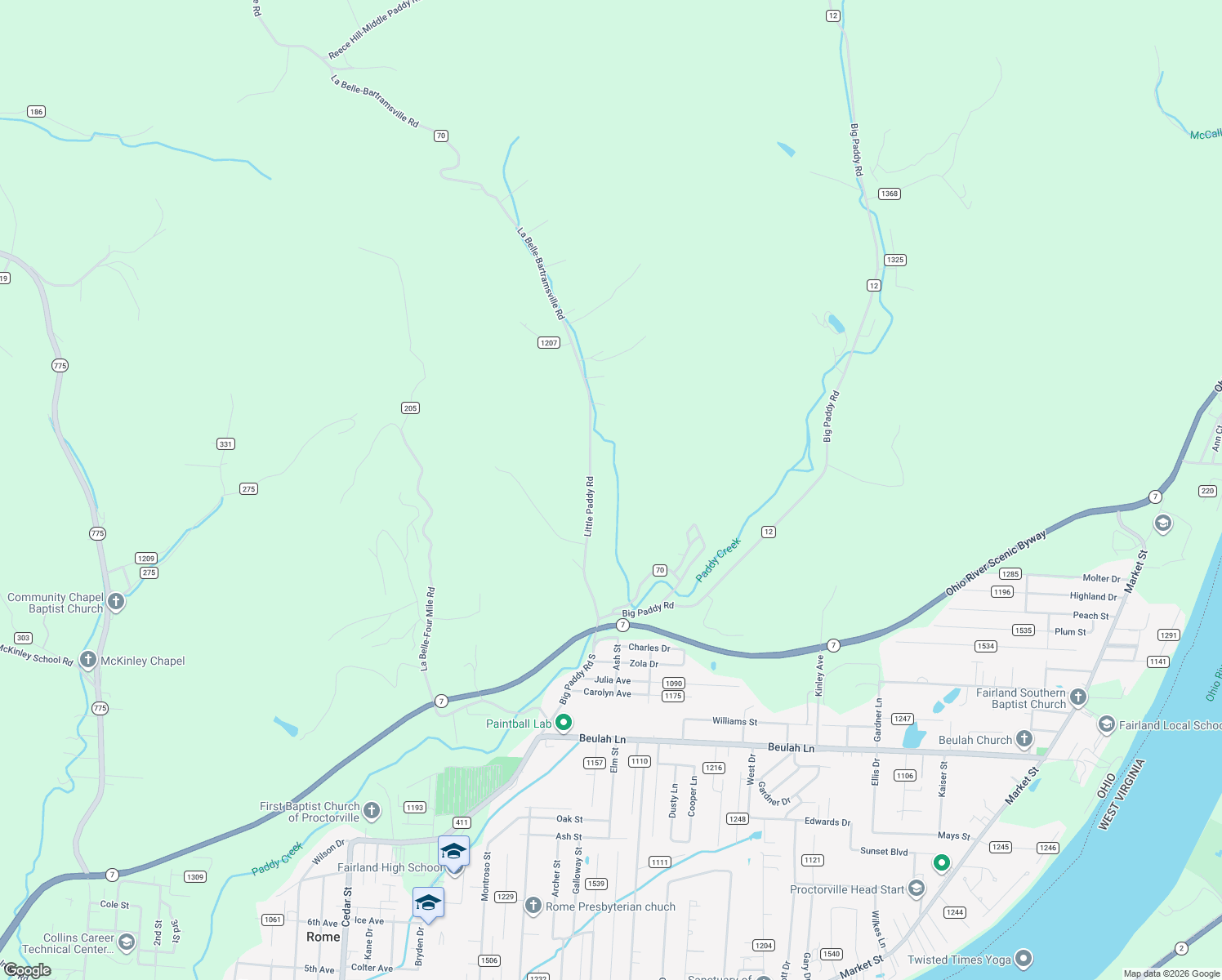 map of restaurants, bars, coffee shops, grocery stores, and more near 784 County Road 70 in Proctorville