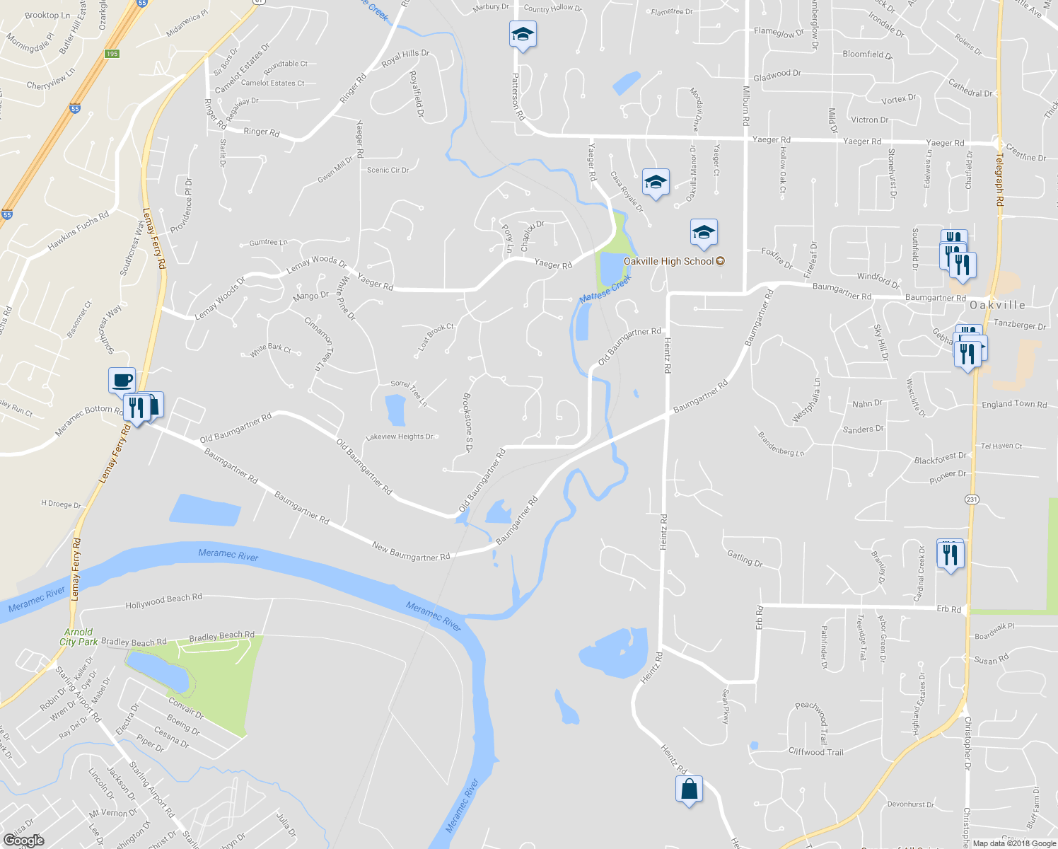 map of restaurants, bars, coffee shops, grocery stores, and more near 5834 Dove Meadow Court in St. Louis