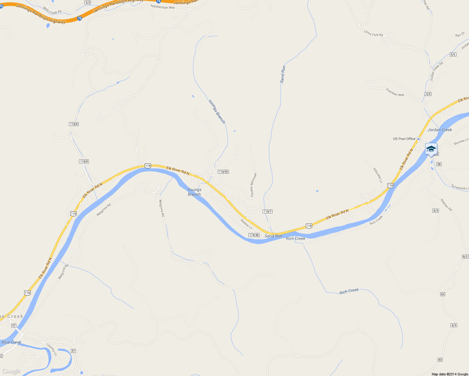 map of restaurants, bars, coffee shops, grocery stores, and more near Panther Mountain in Elkview