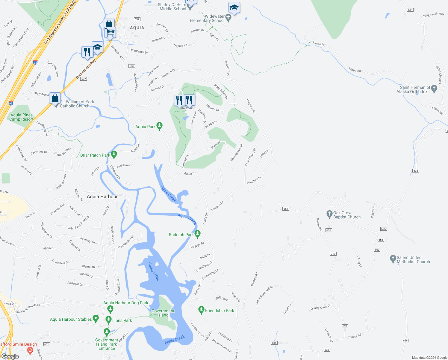 map of restaurants, bars, coffee shops, grocery stores, and more near 210 Midshipman Circle in Stafford