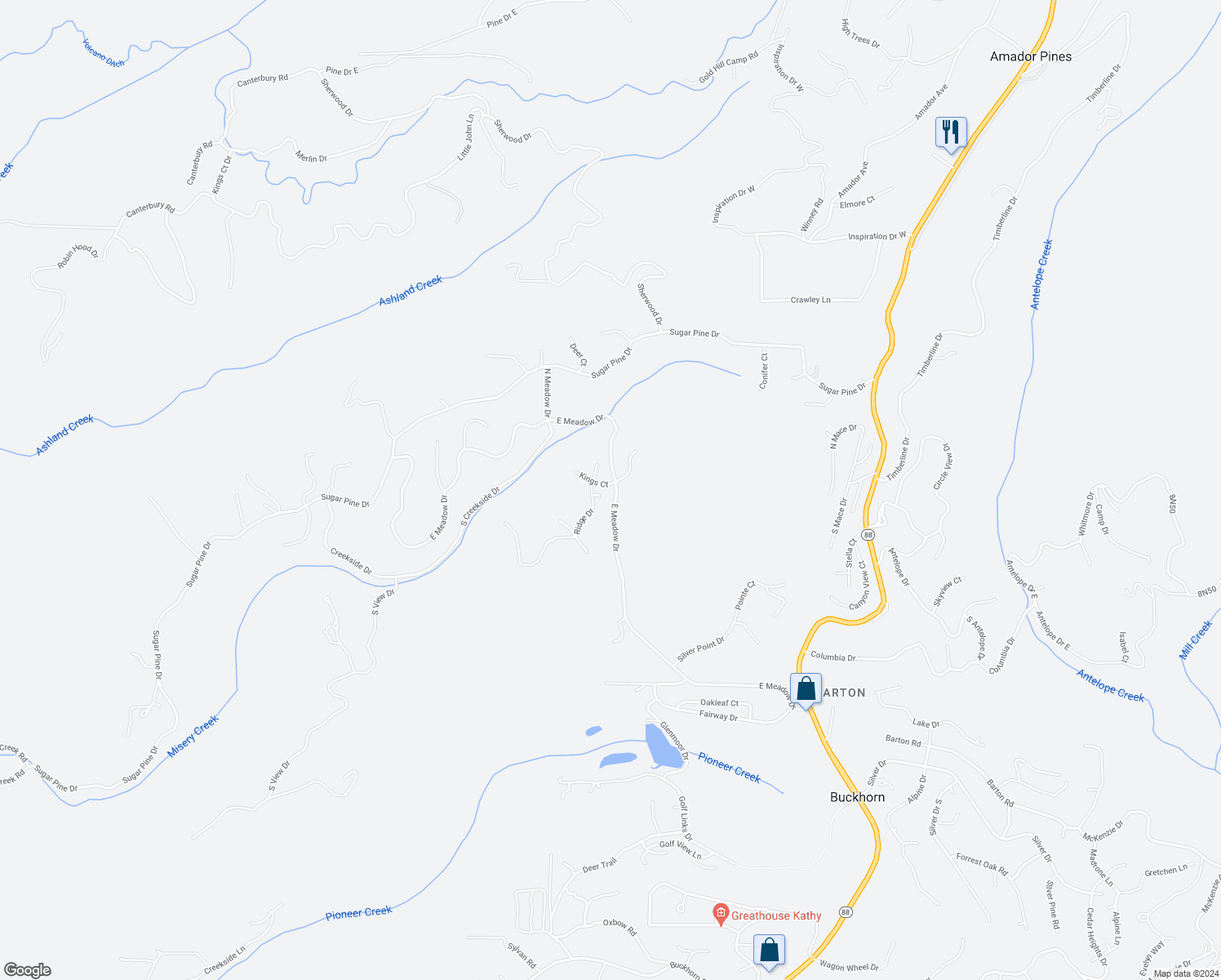 map of restaurants, bars, coffee shops, grocery stores, and more near 26046 Kings Court in Pioneer